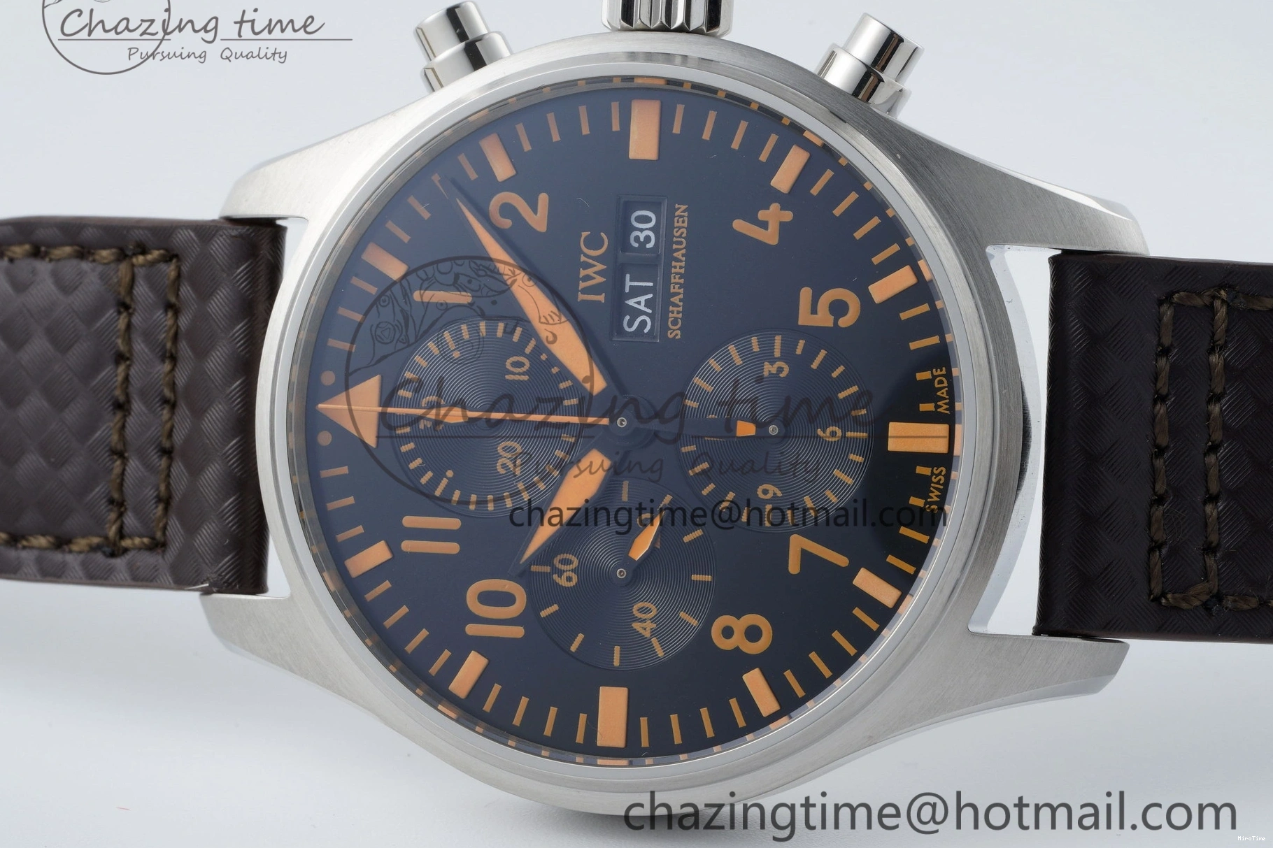 MIROTIME 0126 Pilot Chrono SS AZF 1:1 Best Edition Black Dial Orange Markers on Brown Leather Strap A EasyCare 7065